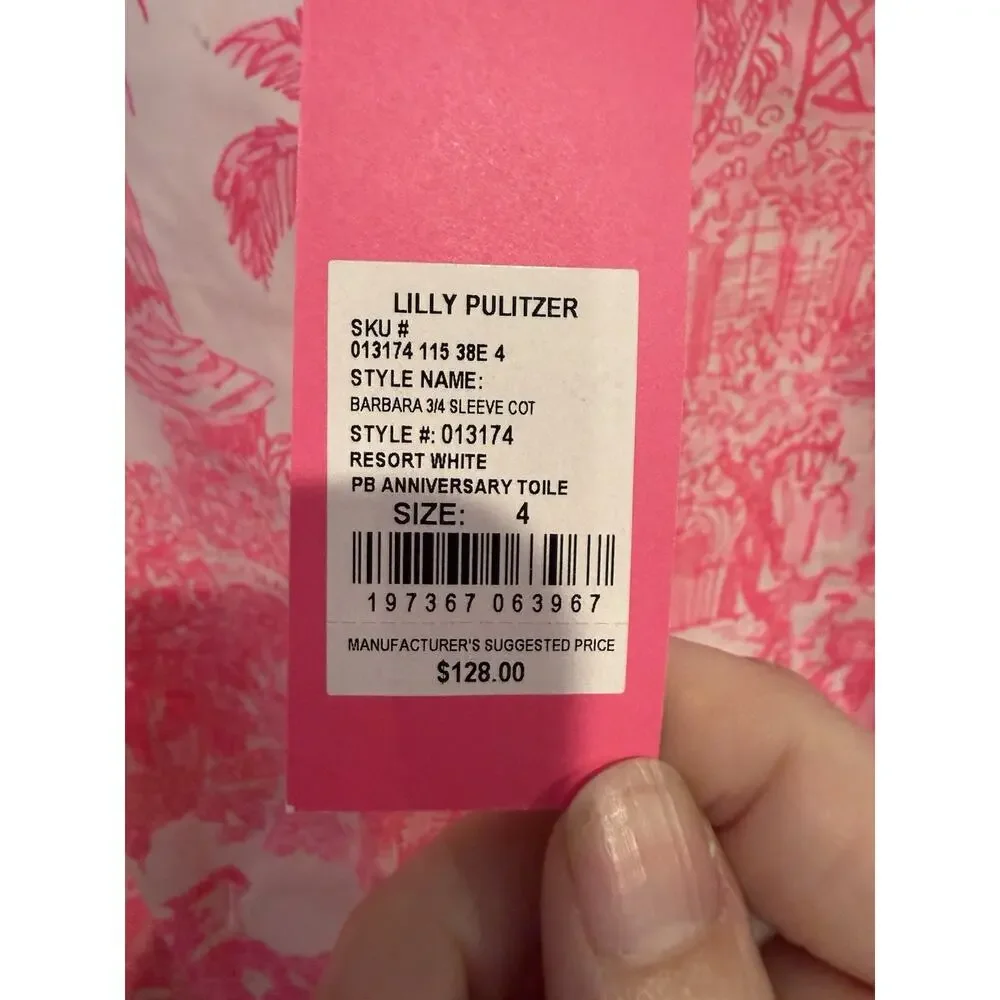 Lilly Pulitzer Barbara Top Palm Beach Anniversary Toile Pink White Sz 4 - NWT